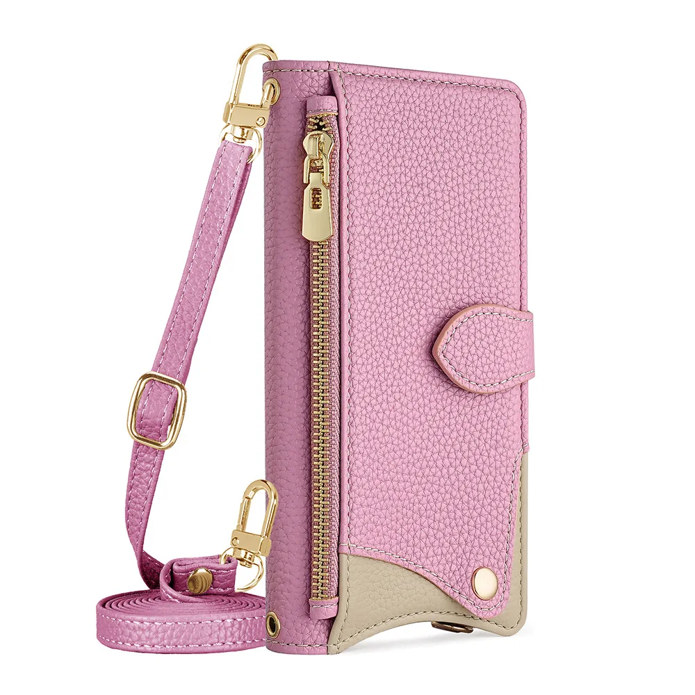 Crossbody Leather Zipper Wallet Phone Case with Mirror and Wrist Strap