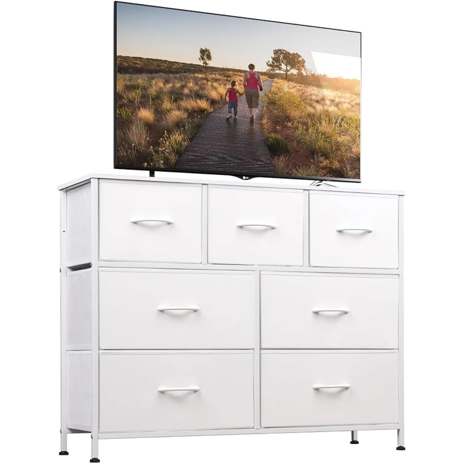 

Dresser w/ 7 Drawers, Fabric Storage Tower, Hallway, Entryway, Closets, Sturdy Steel Frame, Wood Top, Easy Pull Handle, White