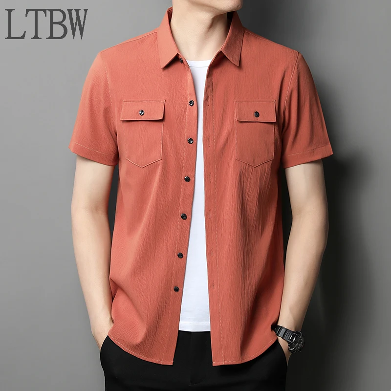 Men's Breathable Slim Top Short Sleeve Pockets Shirts For Men Casual Solid Color Clothes Male Work T-shirts For Summer