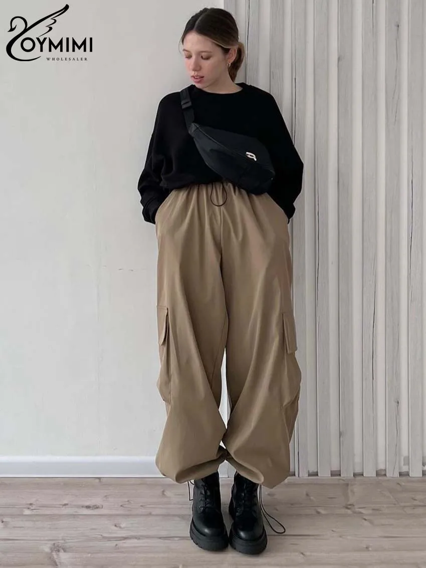 Oymimi Casual Brown Loose Women Pants Elegant Drawstring Pockets Trousers Fashion High Waisted Ankle-Length Pants Streetwear