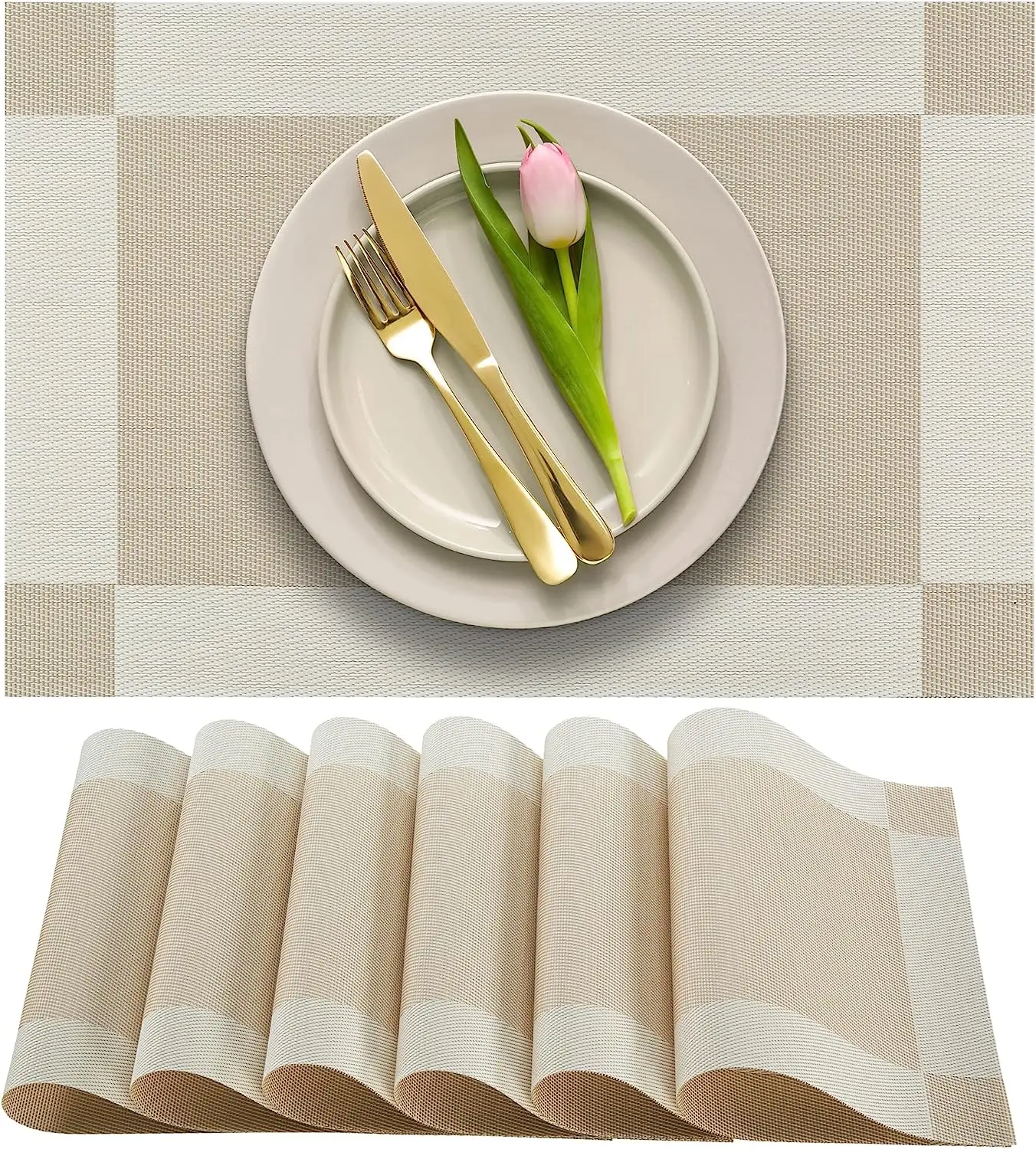 Set 6 Tovagliette Americanate E 6 Sottobicchieri In PVC E Pelle – Antiscivolo, Termici E Facili Da Pulire (Color Champagne)