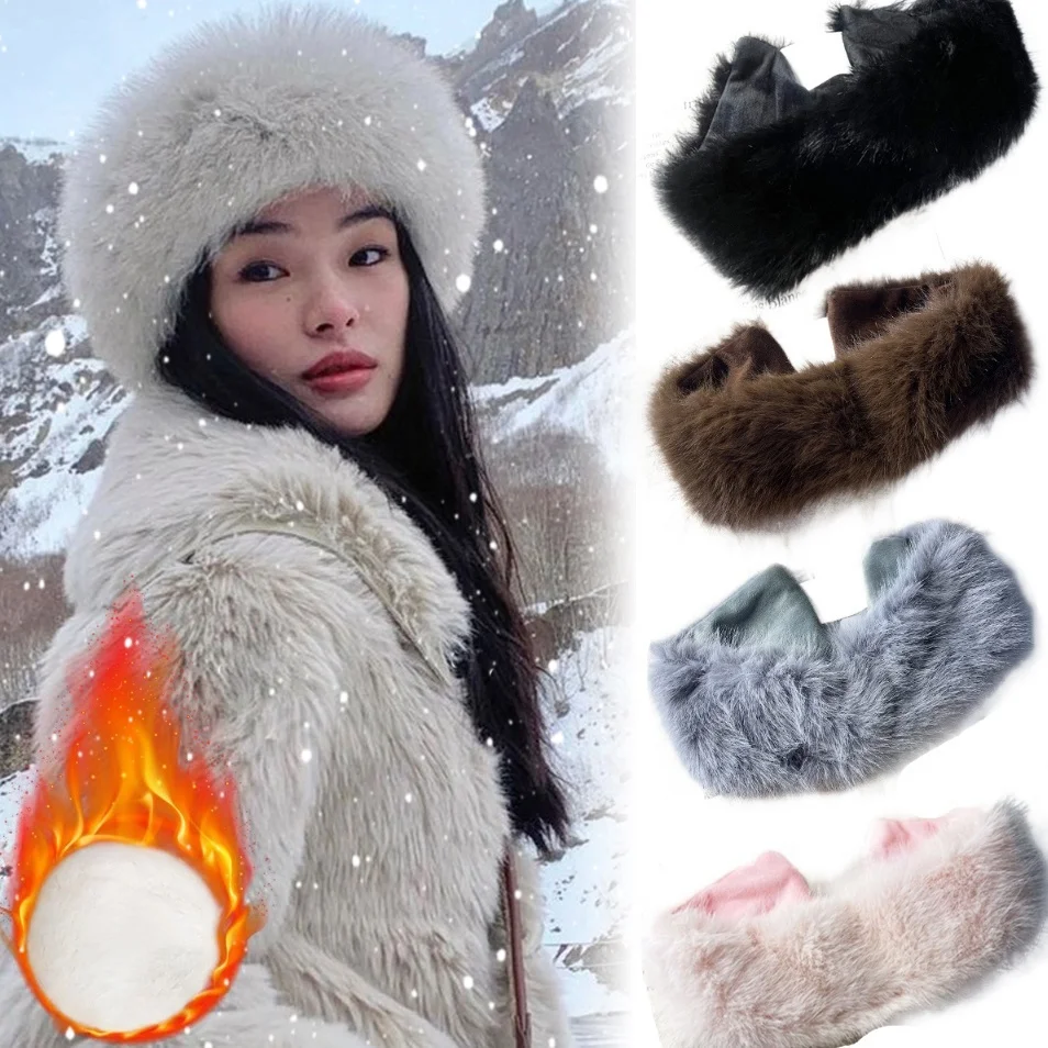 Wide Band Fur Headband Winter Keep Warm Ear Warmer Stretchy Fleece Headwrap for Women Girls Cold Weather Thermal Accessory Gifts