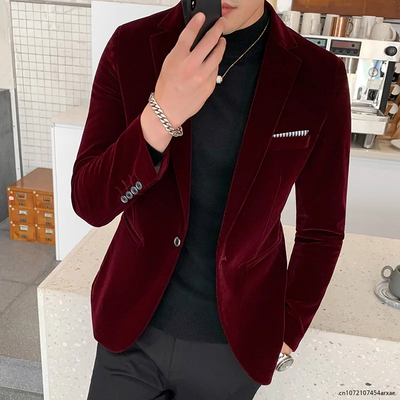 

2023 Burgundy Velvet Blazers for Men Fashion Casual Suits Jackets Men Wedding Groom Singer Costume Slim Blazer Formal Wear Dress