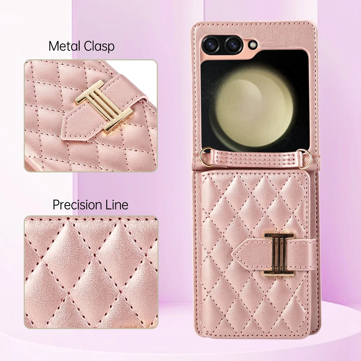 Crossbody Cards Slot Wallet Leather Case for Samsung Galaxy Z Flip 8 7 FE 6 5 4 3 Flip6 5G Lanyard Diamond Embossing Strap Cover — view 5