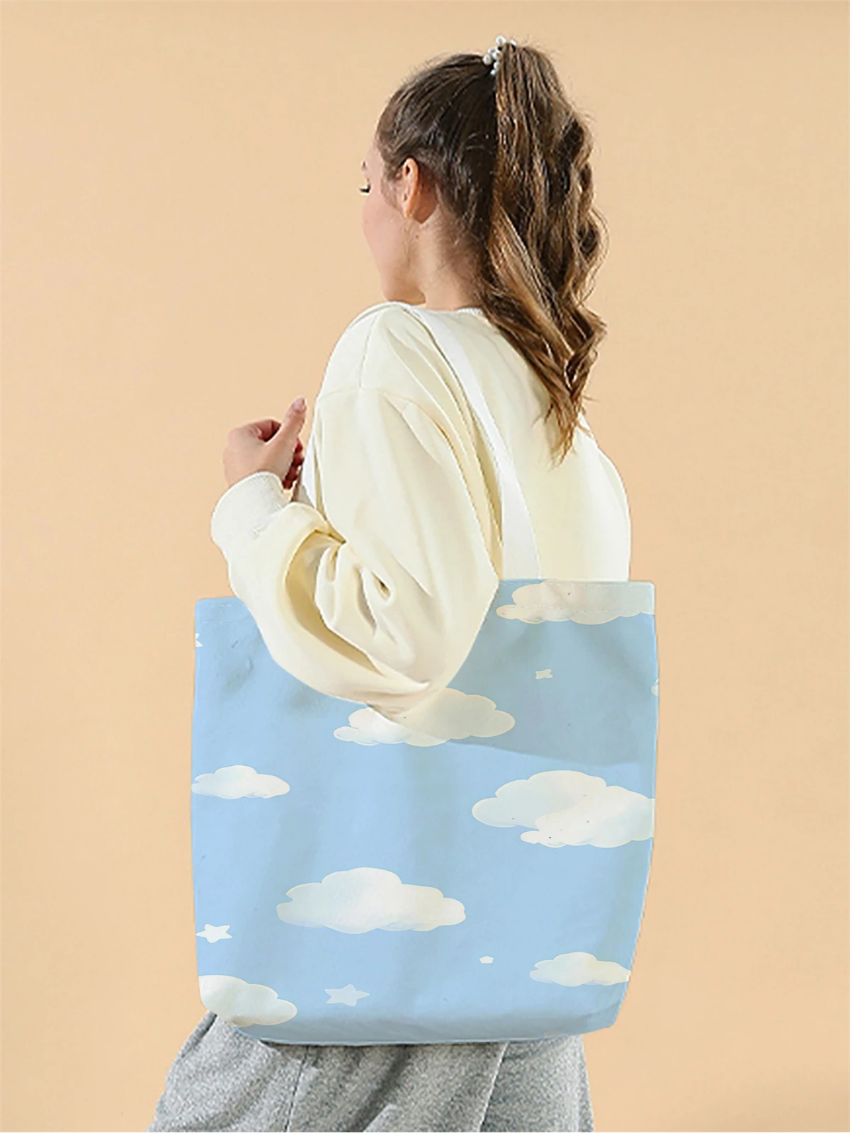 1pc,cartoon white cloud handbag, reusable fashionable handbag, multifunctional handbag, printed canvas shopping bag