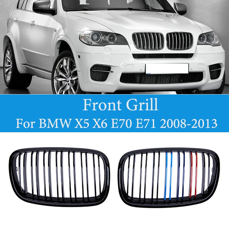

2 Pcs Car Front Bumper Grille Cover for BMW X5 X6 E70 E71 2008-2013 M Color Kidney-shaped Double Slat Grille Accessories