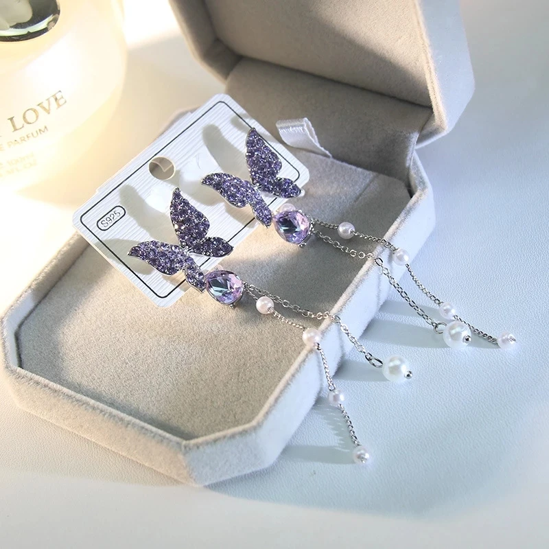 Korean Purple Crystal Butterfly Drop Earring For Women New Fashion Imitation Pearl Tassel Chain Rhinestone Earring Jewelry Gift