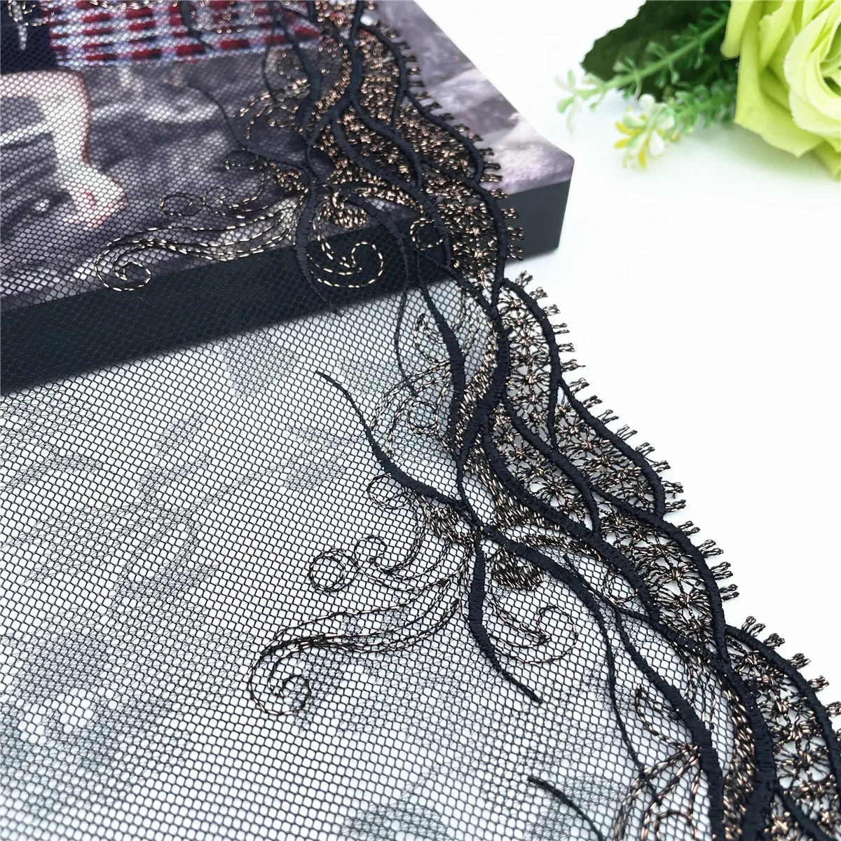 Width 24cm Black Shimmer 1 End Embroidery Lace Trim 2