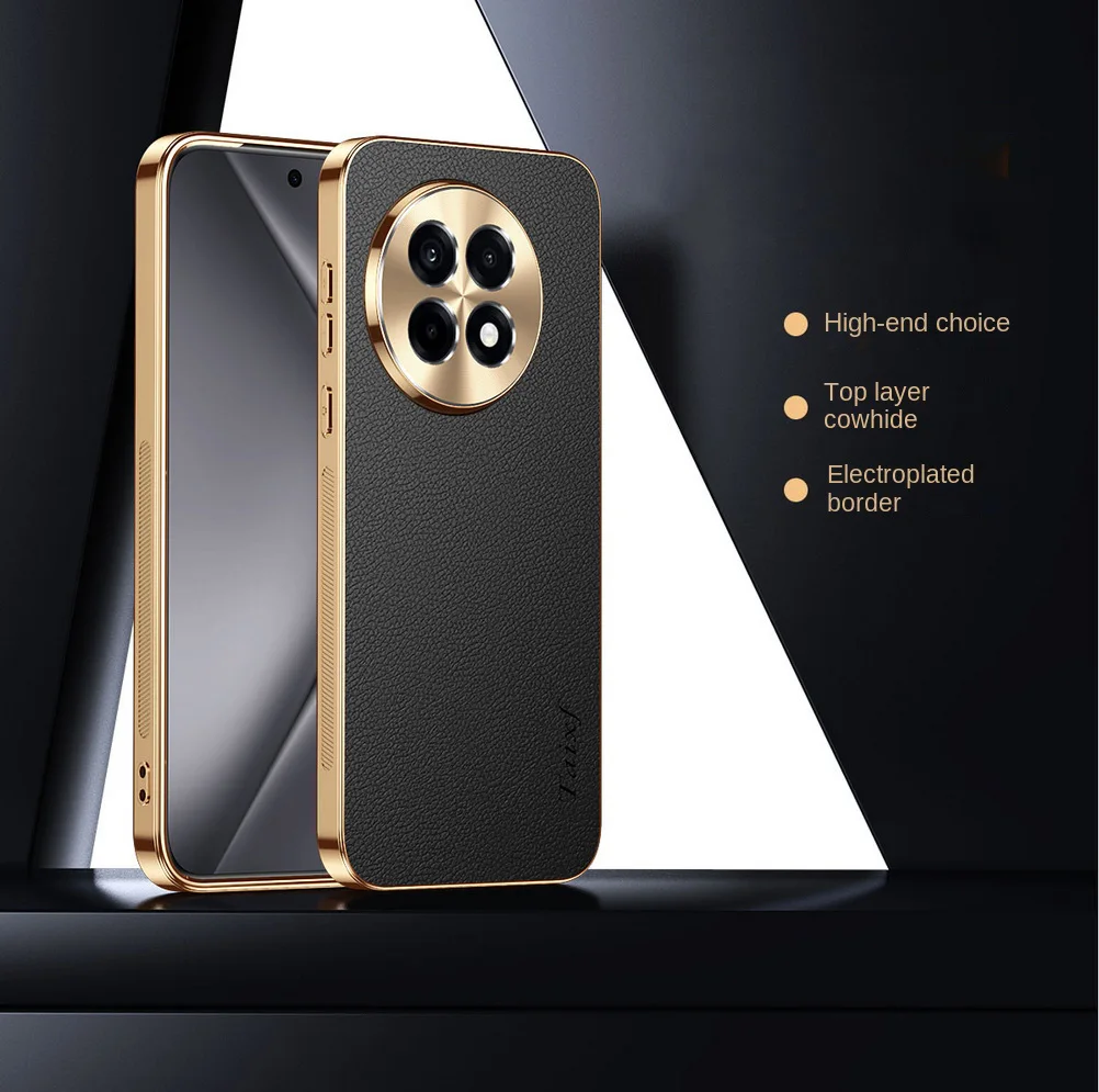 Premium Cowhide Lychee Texture Electroplated Frame Case with Lens Protection
