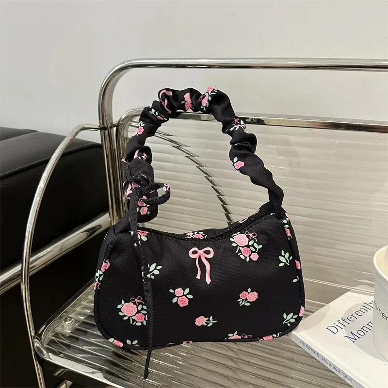 New Women Underarm Bag Canvas Pleated Handbag Cute Rose Flowers Print Little Tote Half Moon Design Purse Mini Shoulder Bags