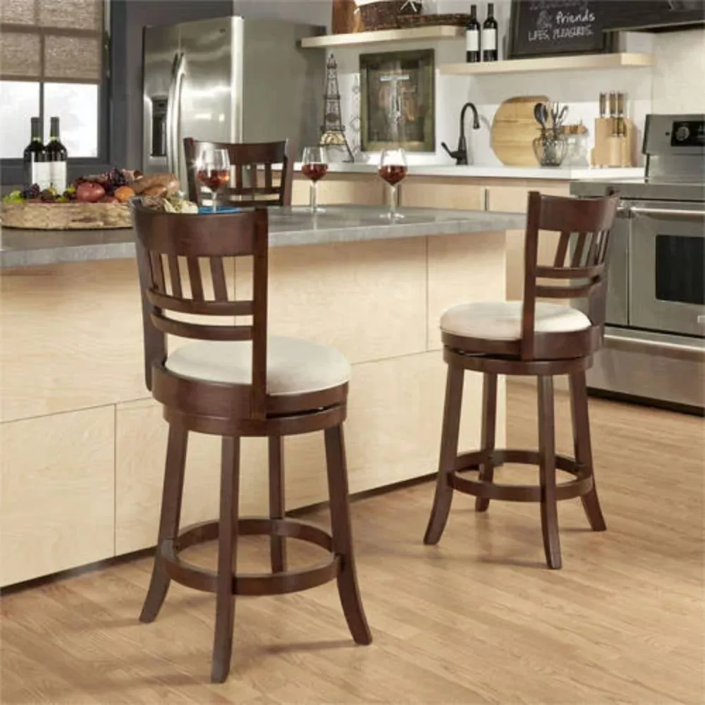 

Vertical Design Swivel Dark Cherry Finish Wood Counter Height Stool, Beige Linen