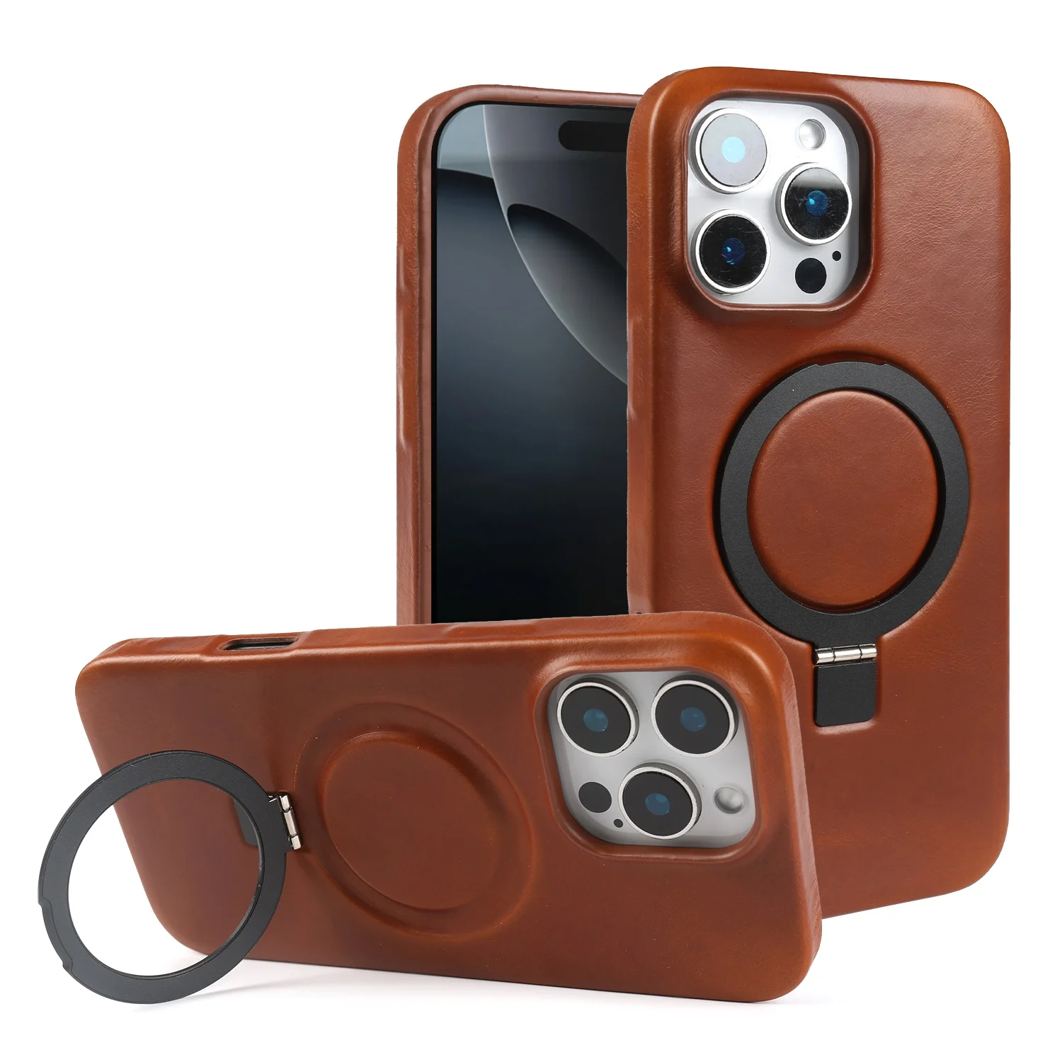 Premium Genuine Leather Stand Case with Magnetic Holder - Full Coverage Phone Cover