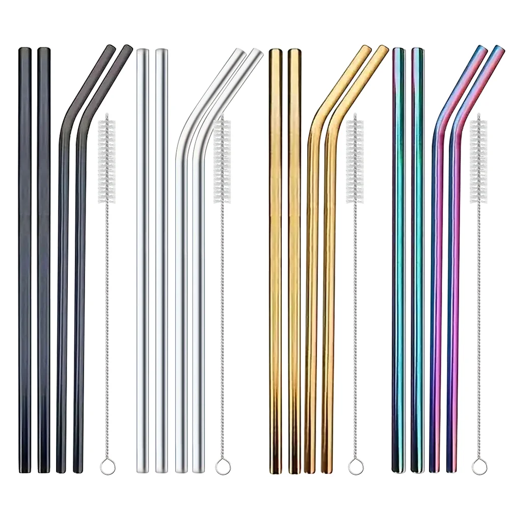 Set of 4 Reusable Stainless Steel Straws with Cleaning Brush
