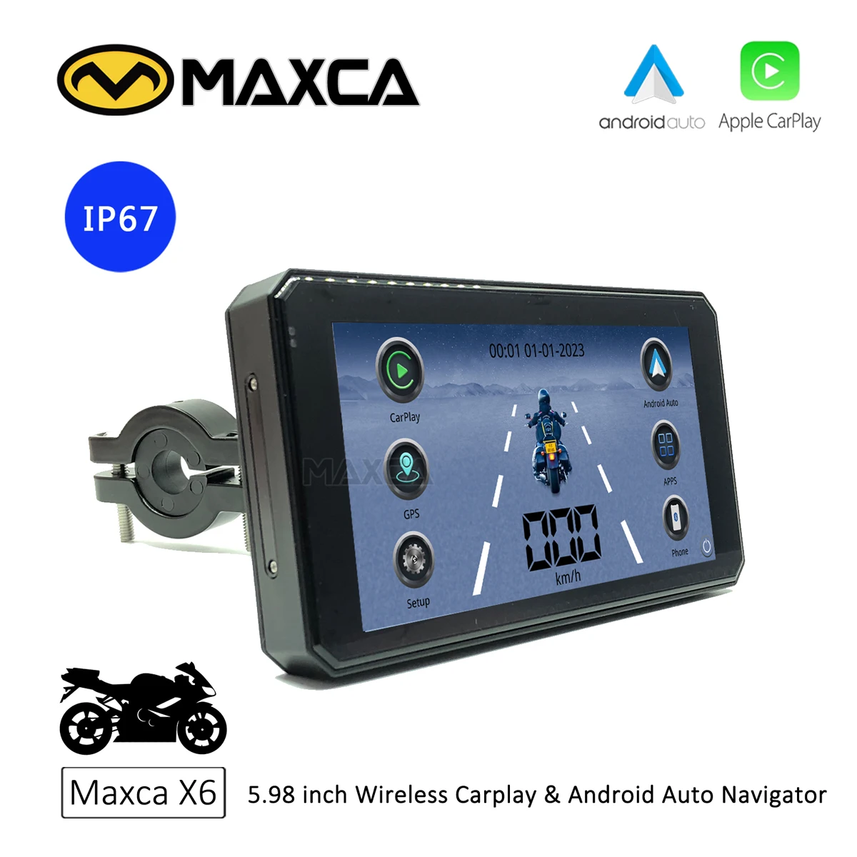 

Портативный мотоциклетный ЖК-дисплей Maxca X6, 5 .98 дюймов, беспроводной Android, экран для автомобиля Apple CarPlay, IP67, водонепроницаемый, для мотоцикла, навигации