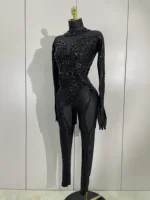 Luxury Festivals Outfit Sparkle Diamonds Sequins Black Spandex Jumpsuit Women Eveing Birthday Party NightClub Bar Stage Costume - Image 2