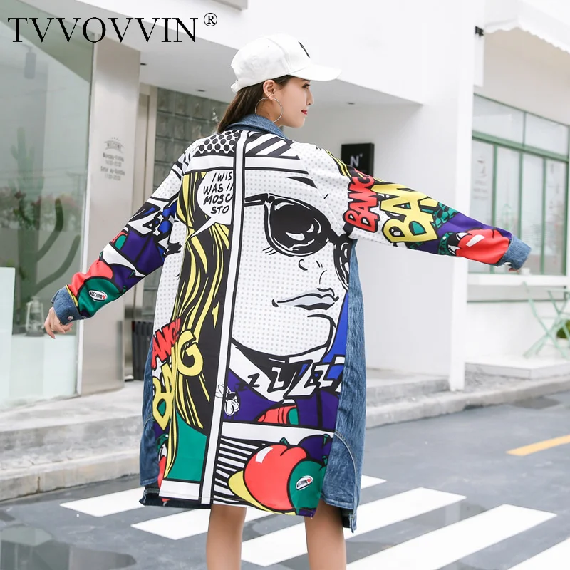 

2021 Cartoon New Spring Printed Cowboy Patchwork Loose Long Big Size Denim Windbreaker Women Coat Fashion Trench korean B445