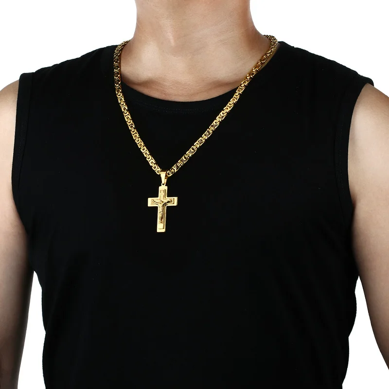 Stainless Steel Necklace Pendant Necklaces Pendant Necklace Metal Necklace Jesus Cross Long Byzantine Chain Stainless Steel Necklaces Pendants for Men Christian Crucifix Necklace Religious Jewelry