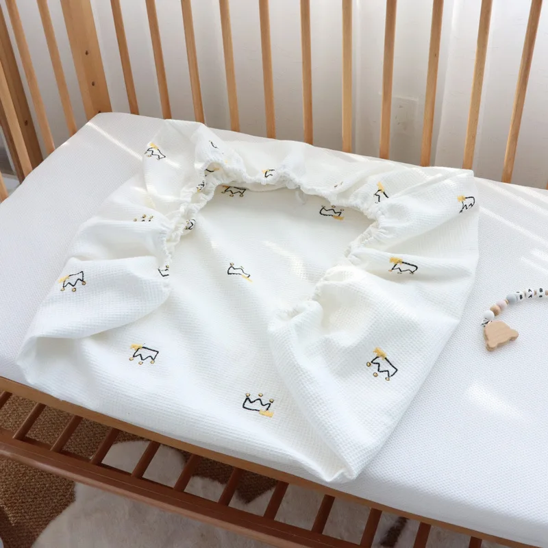 Newborn Waffle Super Soft Embroidered Crib Fitted Sheet Infant Cotton