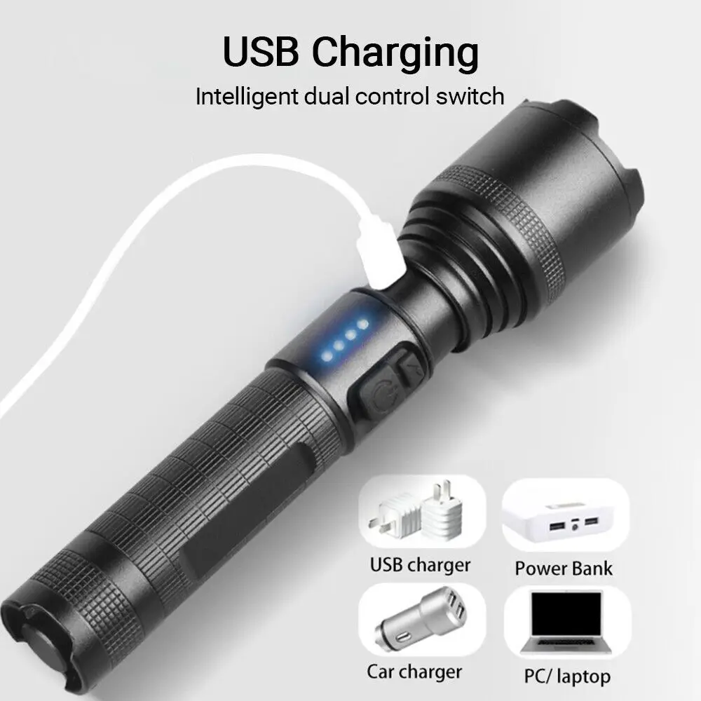 

Многофункциональный суперъяркий перезаряжаемый Мощный USB фонарик, фонарик для кемпинга с двумя переключателями, фонарик с суперъярким зумом