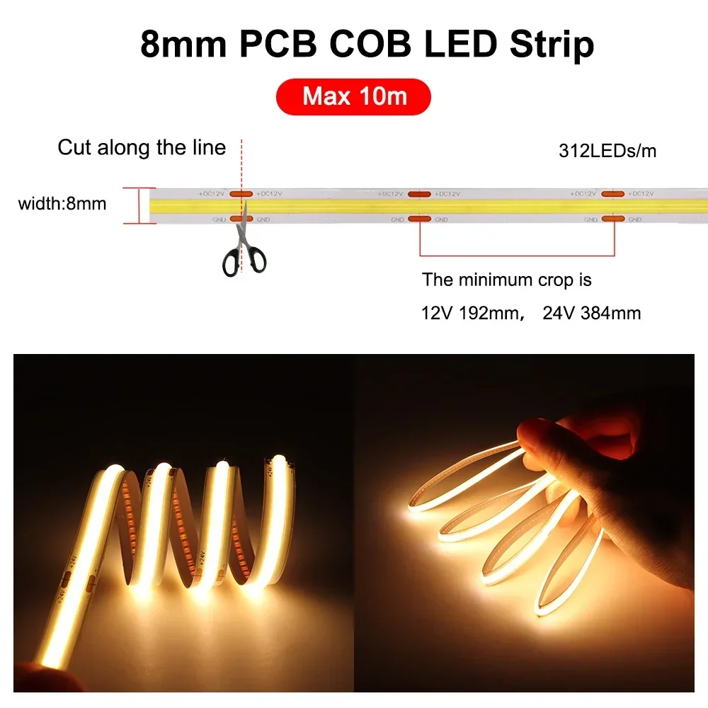 COB LED 스트립 조명 312 LED, 고밀도 유연한 테이프 리본, 따뜻한 흰색, 자연 쿨 화이트, 10m, 3000K, 6000K, LED 조명, DC12V, 24V