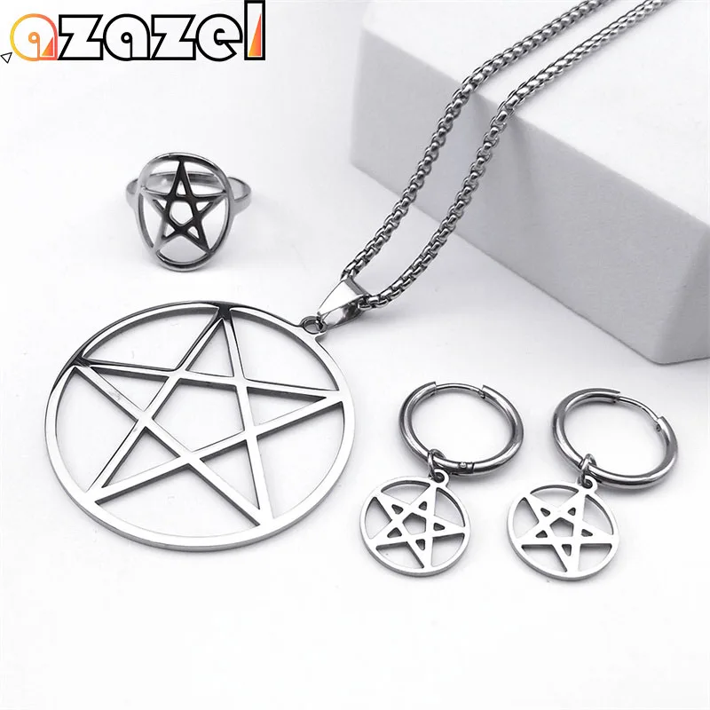 Edelstahl Pentagramm Pentakel Stern Halskette für Damen und Herren Punk Hoop Ohrringe Ring Armband Schmuckset Conjuntos De Joyas