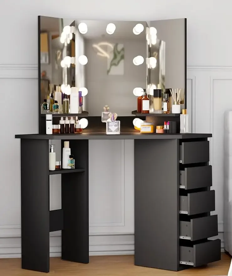 

Corner Vanity Desk, Black Makeup Vanity with Lights, Bedroom Small Vanity Table with Lighted Mirror, Makeup Desk with Drawers