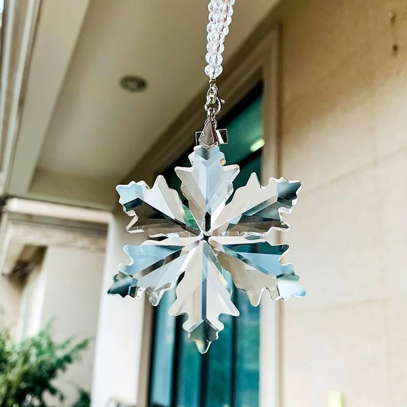 

Christmas Snowflake Flower Crystal Faceted Prism Car Rearview Pendant Sparkling Sun Catcher Garden XMAS Tree Hanging Ornament