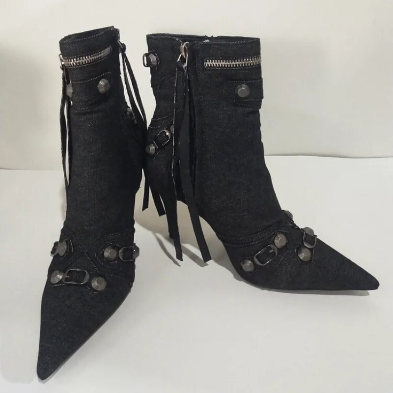 2023NewSpikyRivetTasselAnkleBootsCowboyBlueStilettoHeels