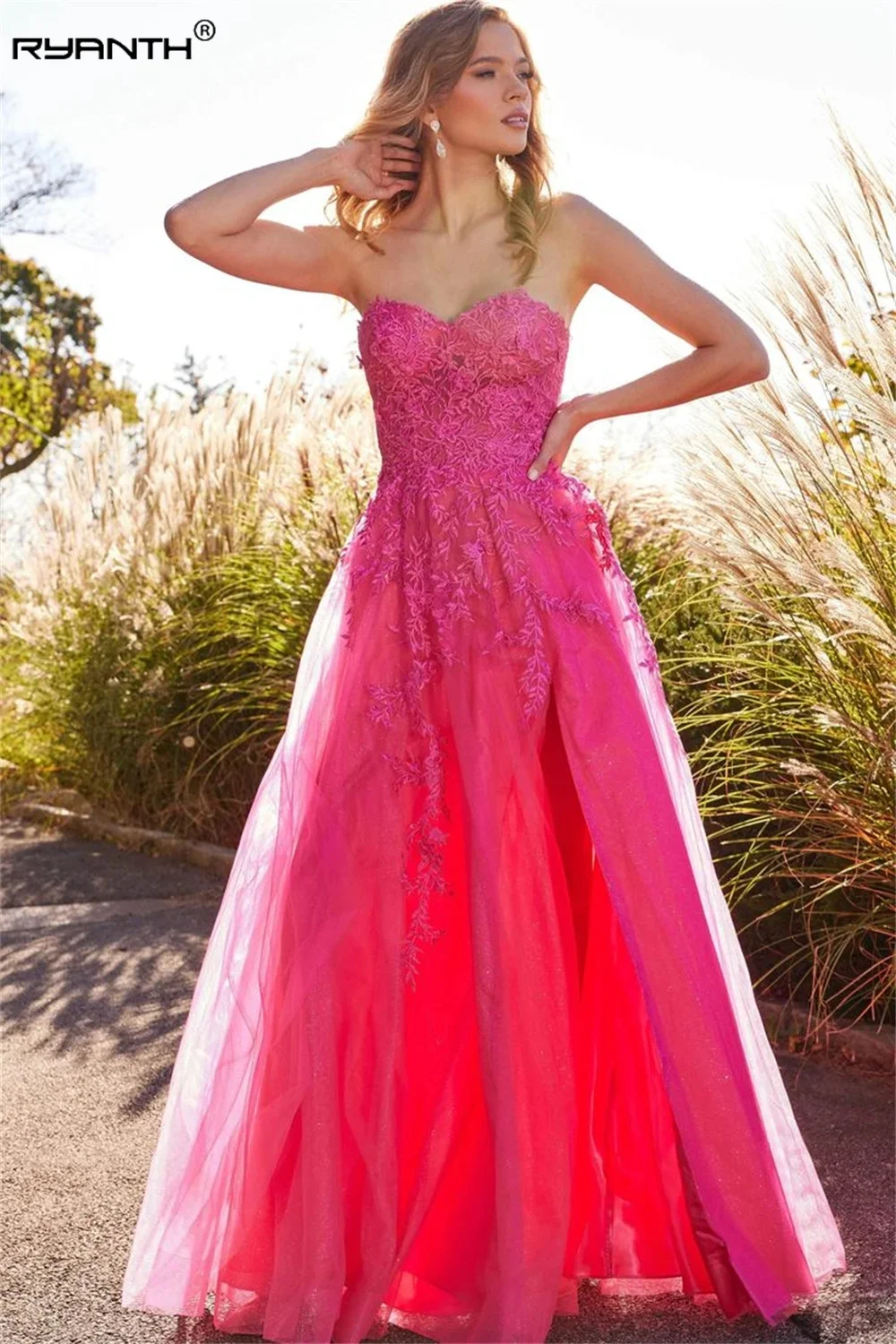 

Ryanth Hot Pink Strapless A-line Prom Dress 2024 Lace Embroid Side Split Vestidos De Noche Pink A-line Graduation Ball Dress