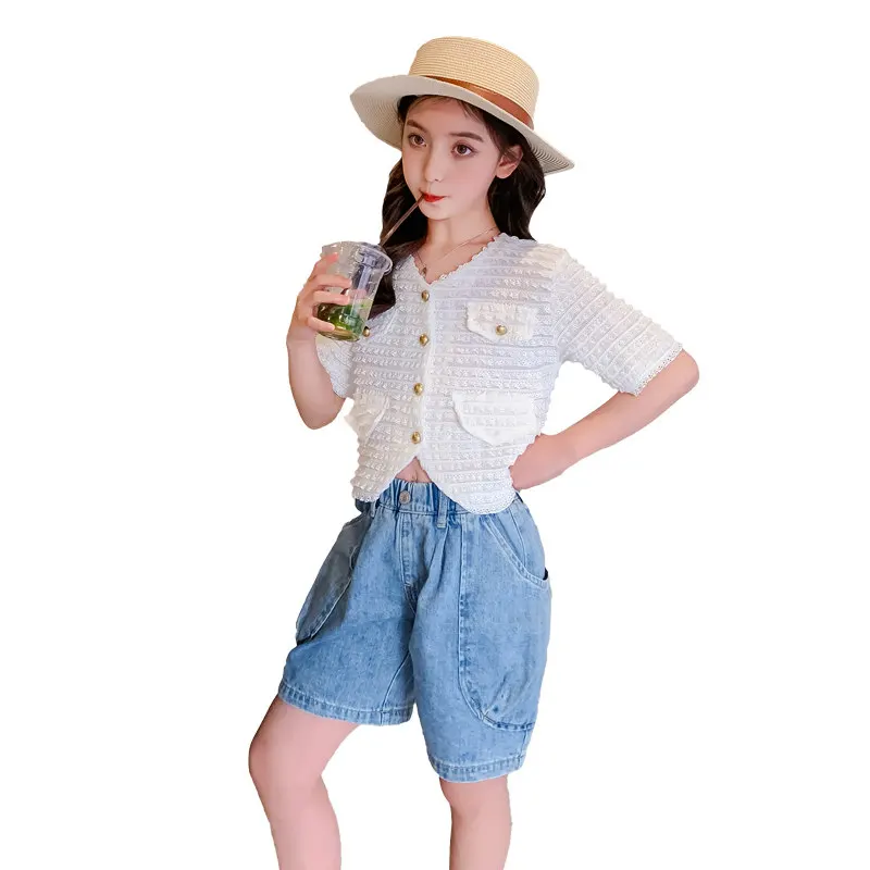 

Summer Clothing Sets For Big Girls Two Pieces V-Neck Jacket And Shorts New Fashion 2023 Children Outfits 5 To 14Years Old Kids