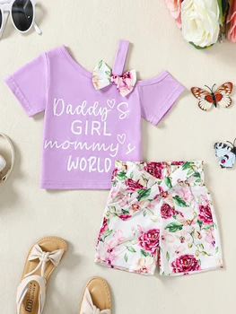 Toddler Baby Girls Clothes T-shirt + Casual Shorts Pants Cute Summer Clothing Set Outfits Halter Slant Shoulder Bow Top 3