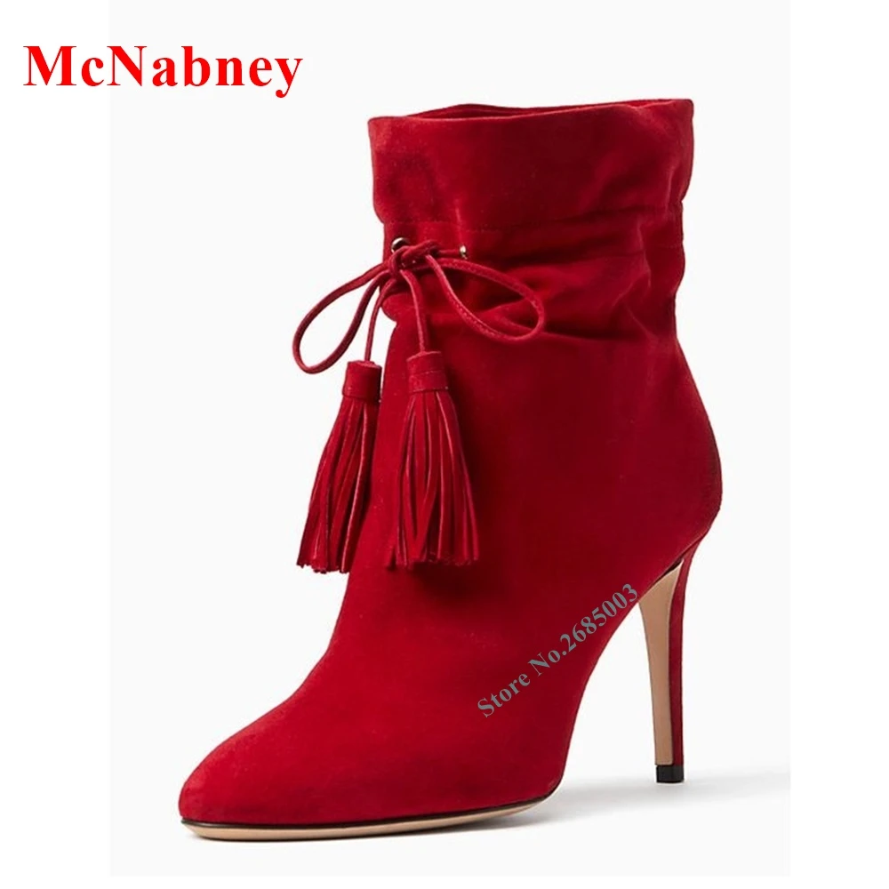 Botines de ante para mujer, botas de tacón alto fino con flecos cordones, zapatos de moda para fiesta| | - AliExpress