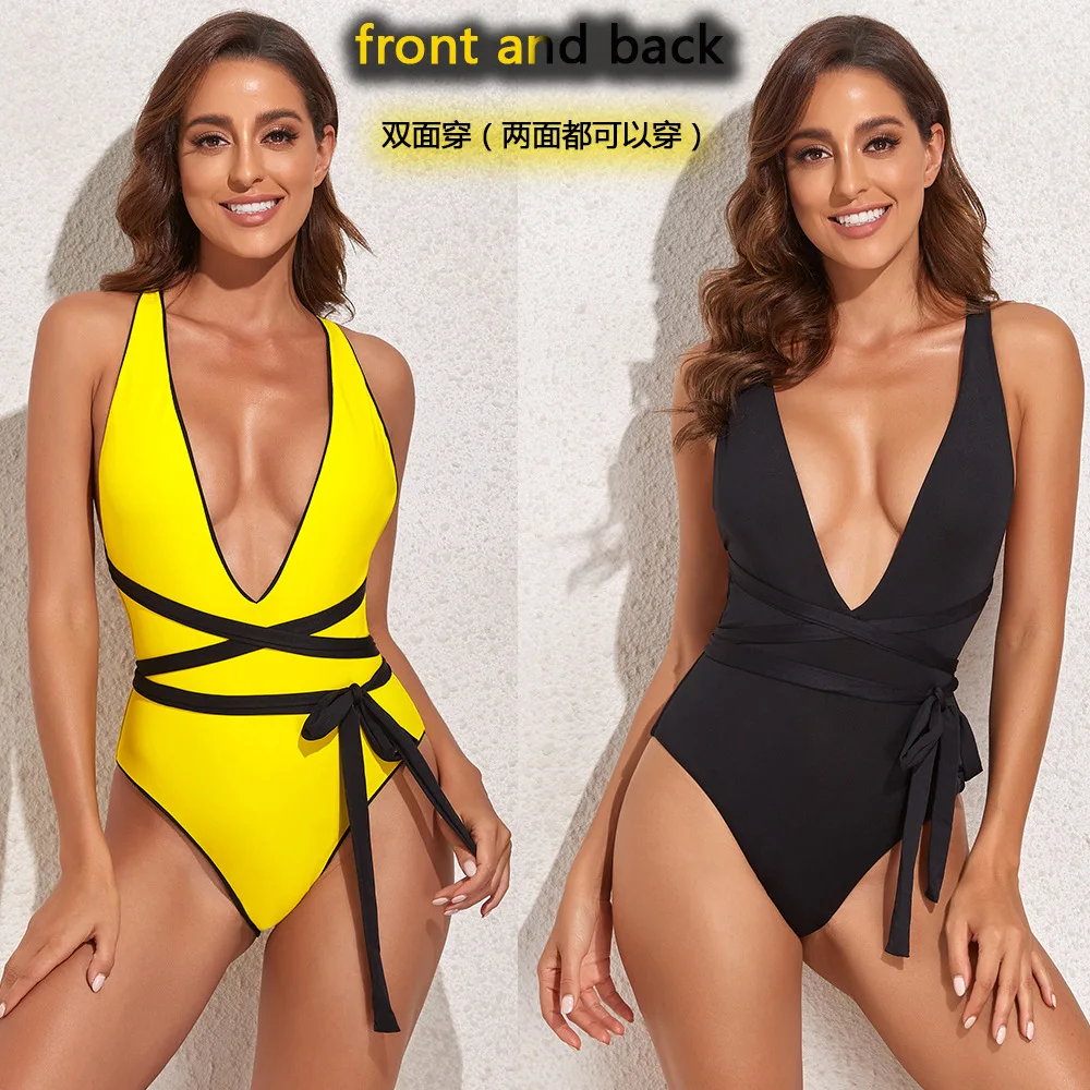 

Women One Piece Set Swimsuit Reversible Sexy Bikini with Padding Swimwear Deep V Bathing Suit Beachwear Tankini Swimming Suit