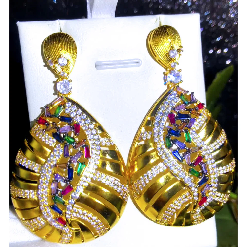 Missvikki Luxury DUBAI Hollow Dangle Earrings Shiny Cubic Zircon Drop Earring For Bridal Wedding Party Accessories High Quality