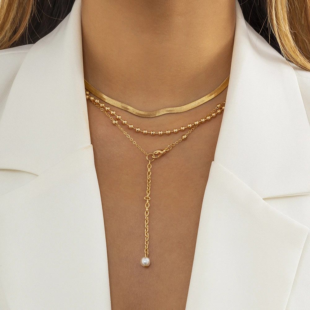 Tassel Pearl Necklace Retro Stacking Metal Snake Bone Chain Outdoor Travel Holiday Women's Jewelry Birthday Party Gift