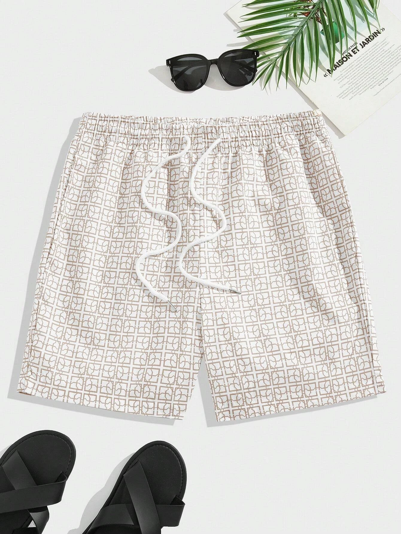 M-Modomio Men Loose Geo Print Drawstring Waist Shorts Men's Beach Pants Dust Proof Shorts Hawaii Unisex Casual