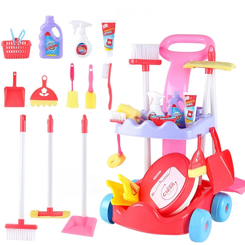 

Kids Cleaning Trolley Toy Set Simulation House Cleaning Tool Playset Pretend Role Play Toy With Clean Robot
