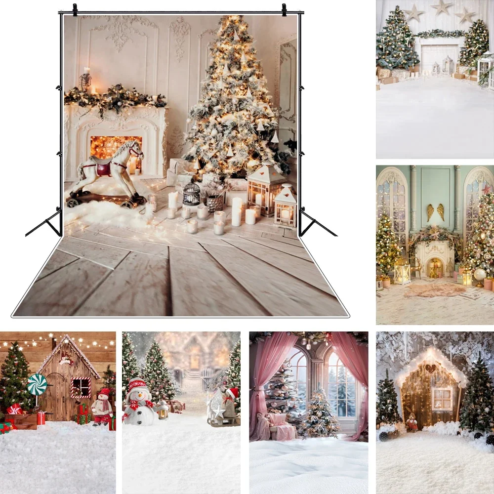 Gray Background Winter Christmas Tree Candle Festival Fireplace Wood Floor XMAS Family Shoot Kid Photo Backdrop for Photography