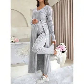 Maternity Women's Two Piece Sets and Outfits Long Sleeve Soft Ribbed Longline Casual Home Lounge Pants Set