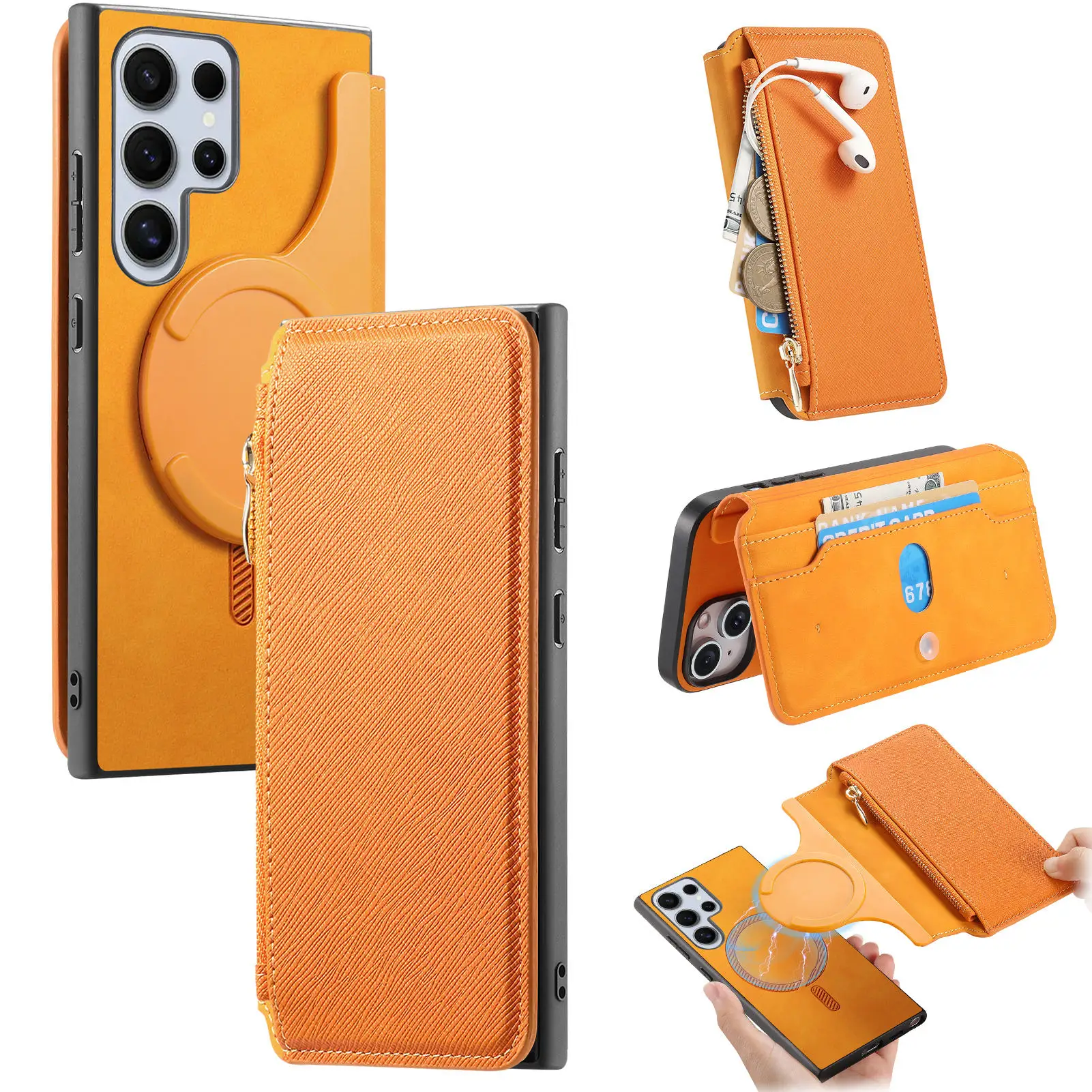Étui portefeuille en cuir 2 en 1 avec fermeture éclair magnétique détachable pour Samsung Galaxy S24 Ultra S23 Plus A05 A35 A25 A15 A55_voghion.com