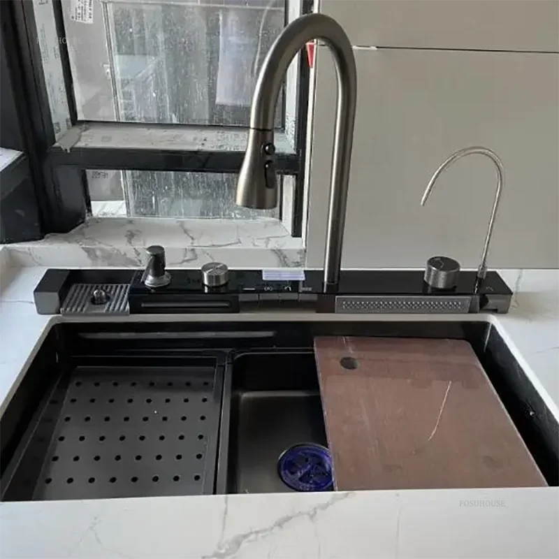 Raindance Waterfall Kitchen Sinks Nano Stainless Steel 304 Home Kitchen Wash Basin Digital Display Embossed Large Single Slot B