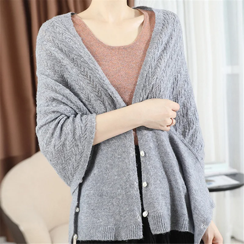 

Spring Autumn New Women's Knitted Shawl Cloak Multifunctional Warm Scarf Versatile Scarf Ponchos Capes Cardigan Gray