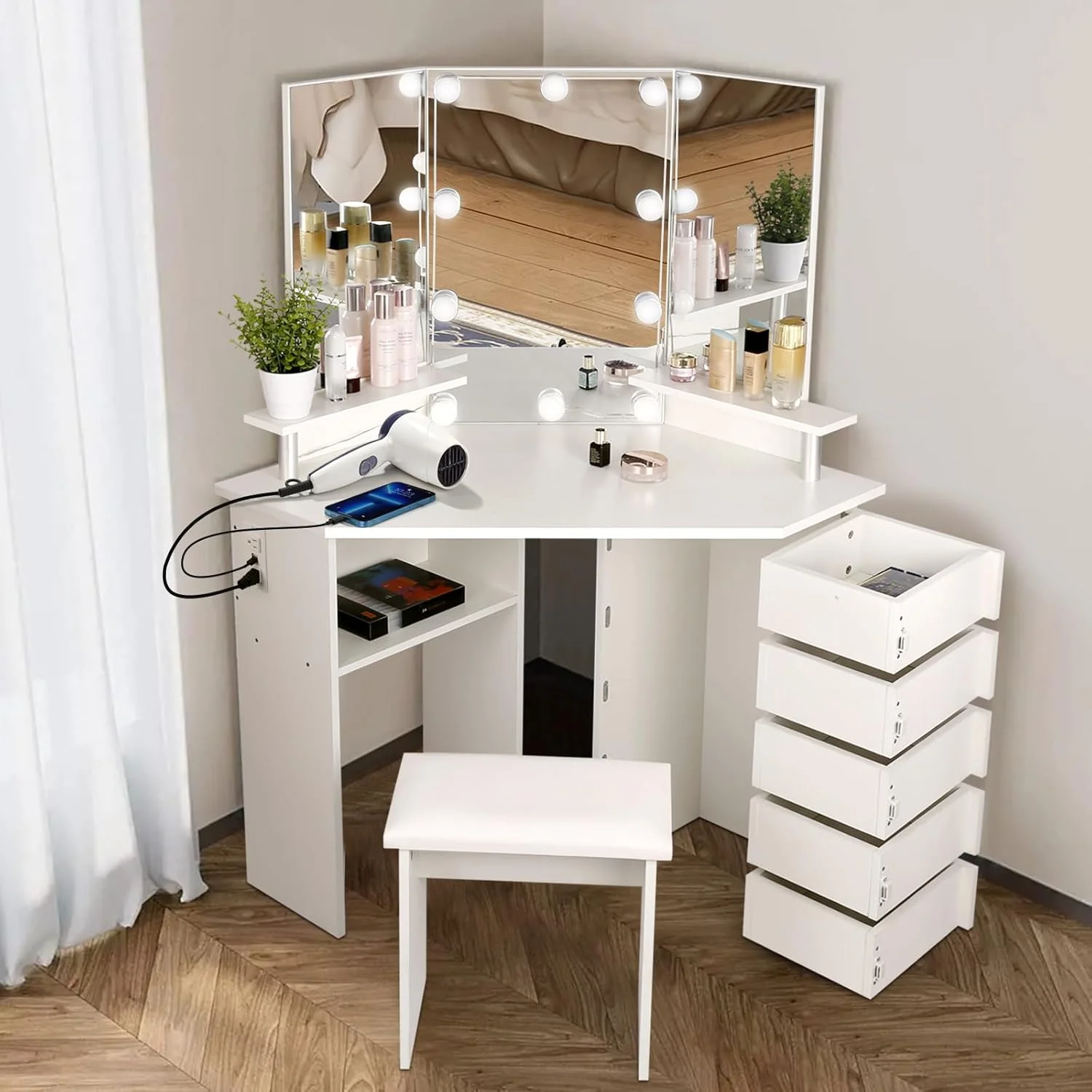 Vanity with Lights - Makeup Vanity Desk with Power Outlet, 3 Color Lighting Options Brightness Adjustable, 5 Rotating Drawers