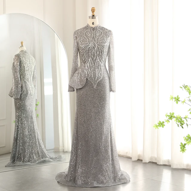 Sparkling Gray Mermaid Muslim Evening Dress for Women Wedding Elegant Long Sleeves Arabic Formal Party Gowns 130 1