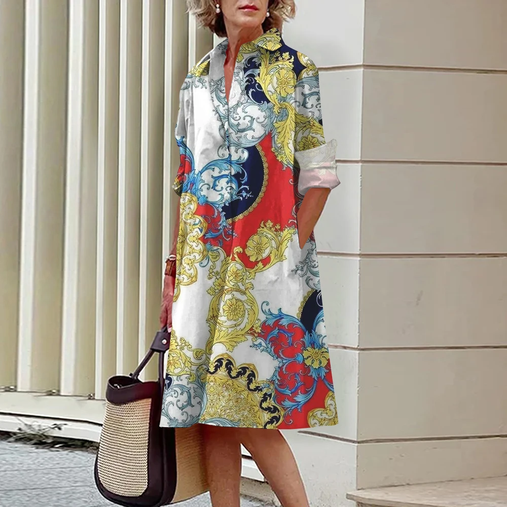 Womens Loose Crew Neck Fashion High End Long Sleeved Printed Dress M301049 1