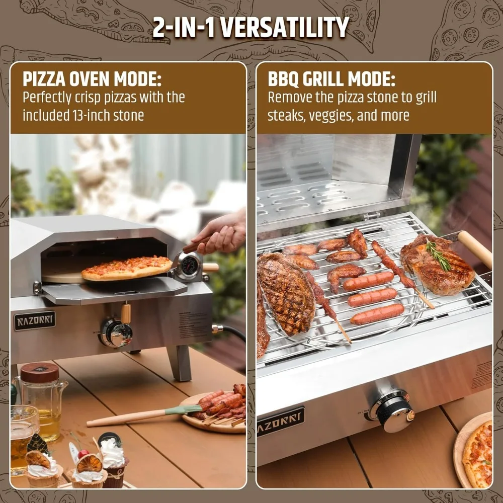 Razorri Outdoor Propane Pizza Oven, 13-Inch Stone and Thermometer Included, 2-in-1 Pizza Maker and BBQ Grill for Camping and Pat
