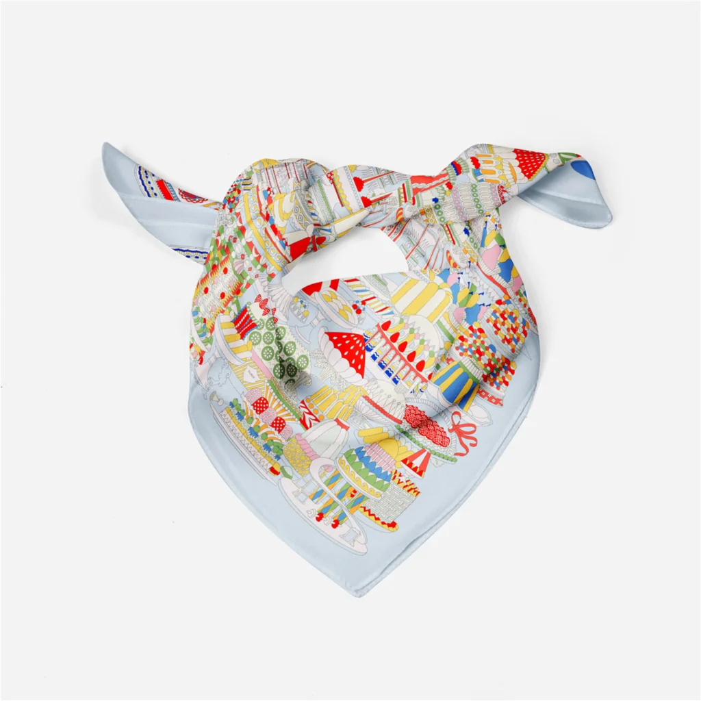 53cm neues Design Französisch Kuchen Druck Seide Schal 2024 Marke quadratischen Schal Frau Luxus Bandana Stirnband Hijab Foulard Halstuch – Detail 23