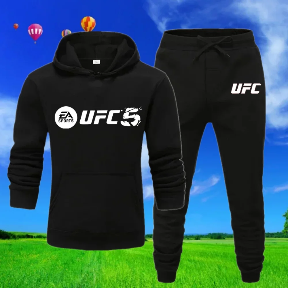 Ensemble sweat-shirt et pantalon de survêtement pour homme, automne/hiver, marque UFC, style streetwear décontracté doublé en polaire, C