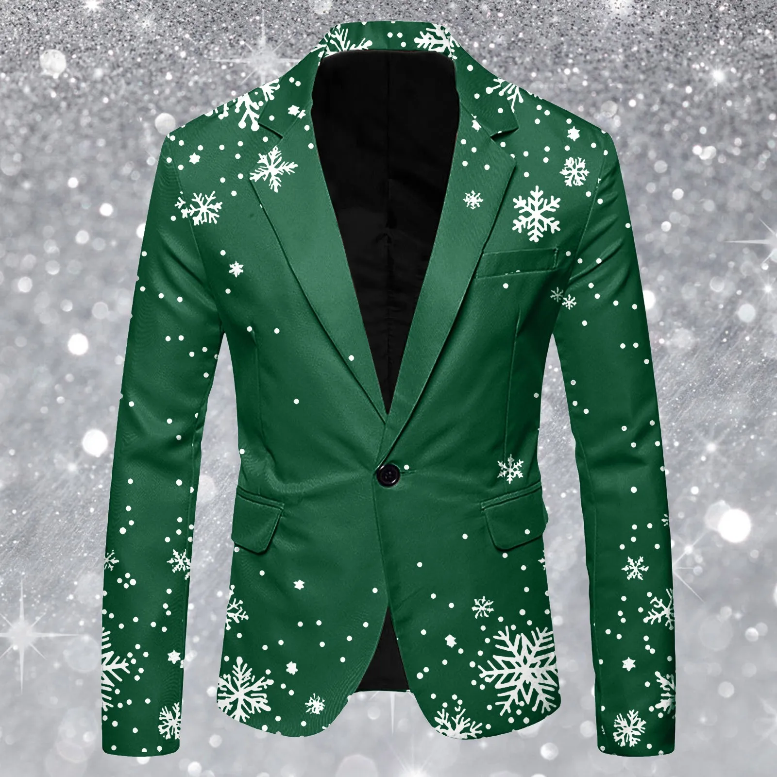 Men Christmas Suit Jacket Snowflake Print Long Sleeve Lapel One Button Blazer Jackets Snow Printed New Year Xmas Suit Coat