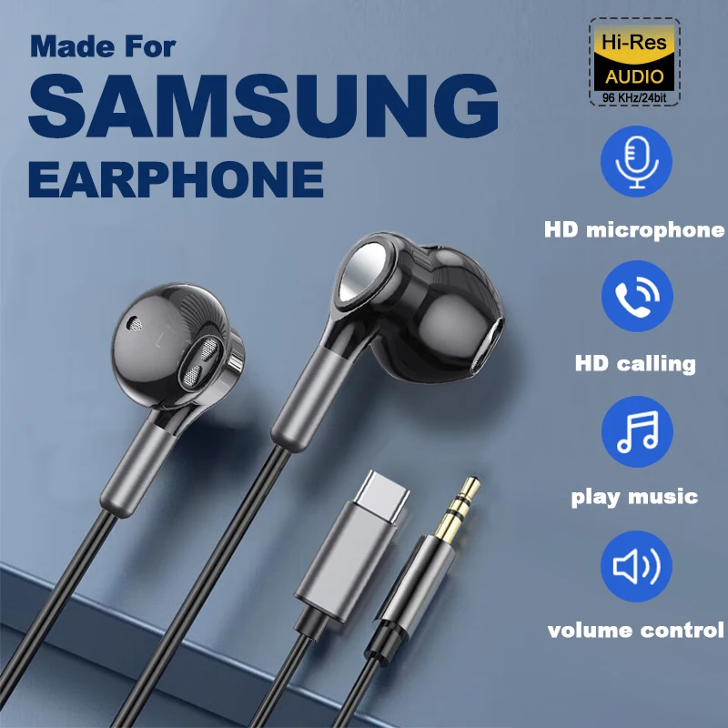 Оригинальные Hi-Fi музыкальные наушники для Samsung Galaxy S23 Type C, проводные наушники с разъемом 3,5 мм и микрофоном, проводные наушники с контролем
